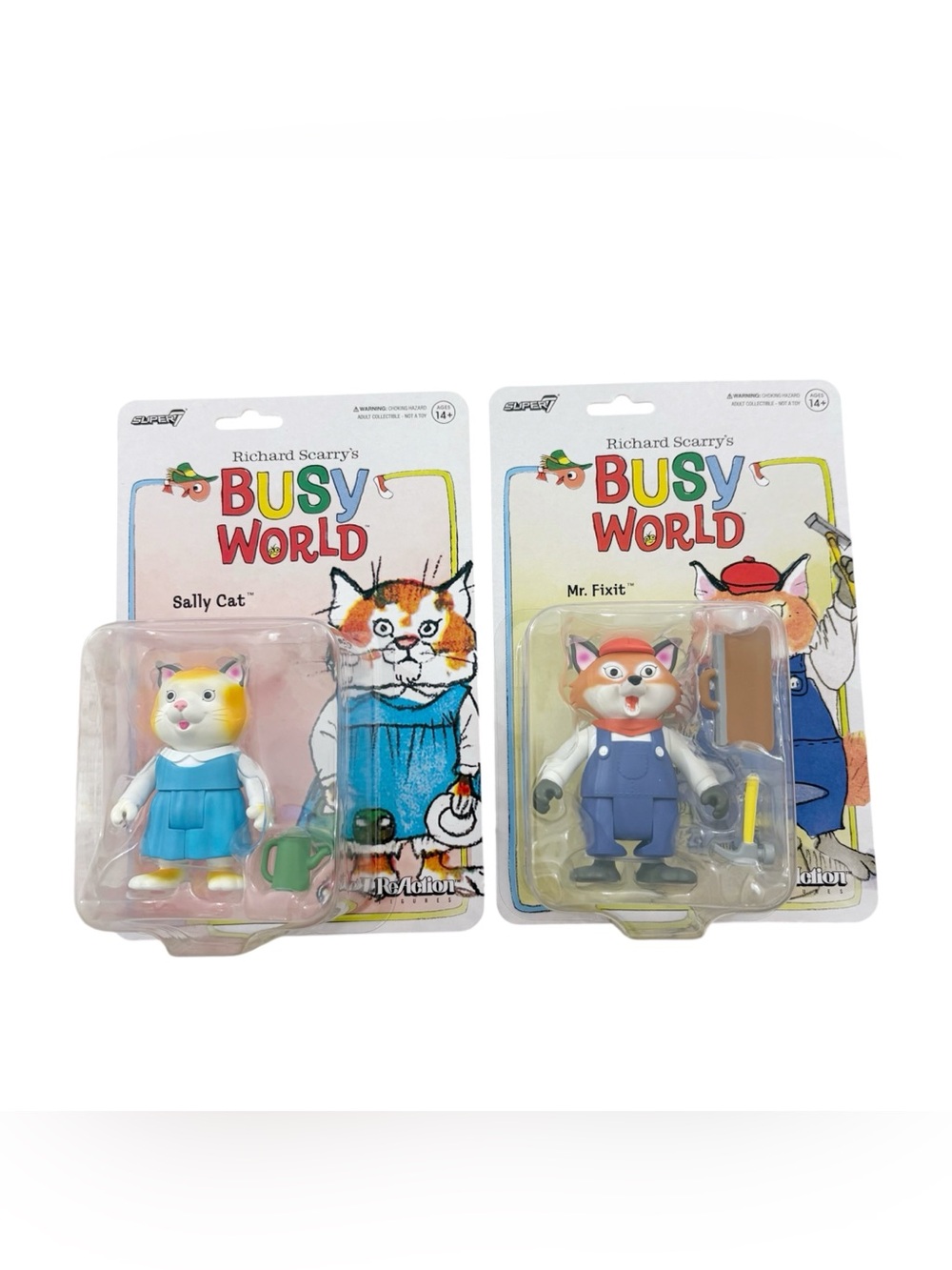 NWT Richard Scarry Busy World Super7 Sally Cat & Mr. Fixit Figures Lot